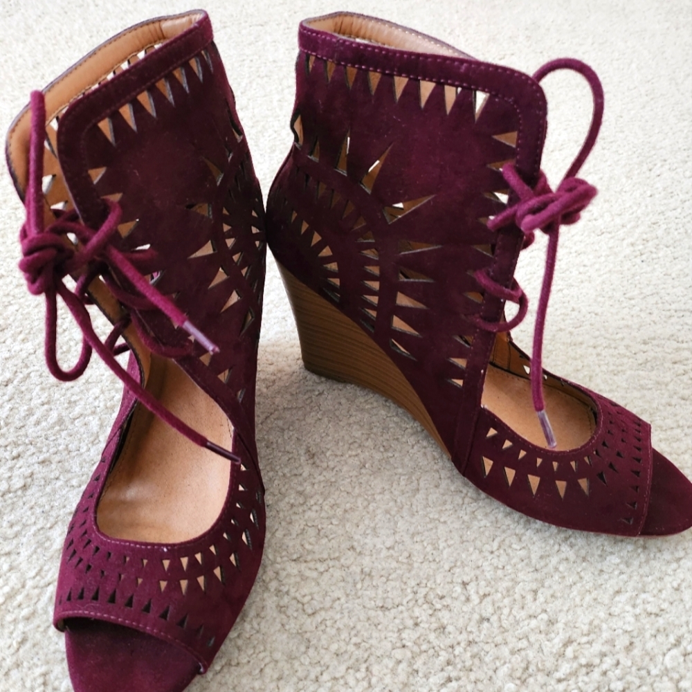 Purple high heel peep toe boho shoe lace wedge sandals